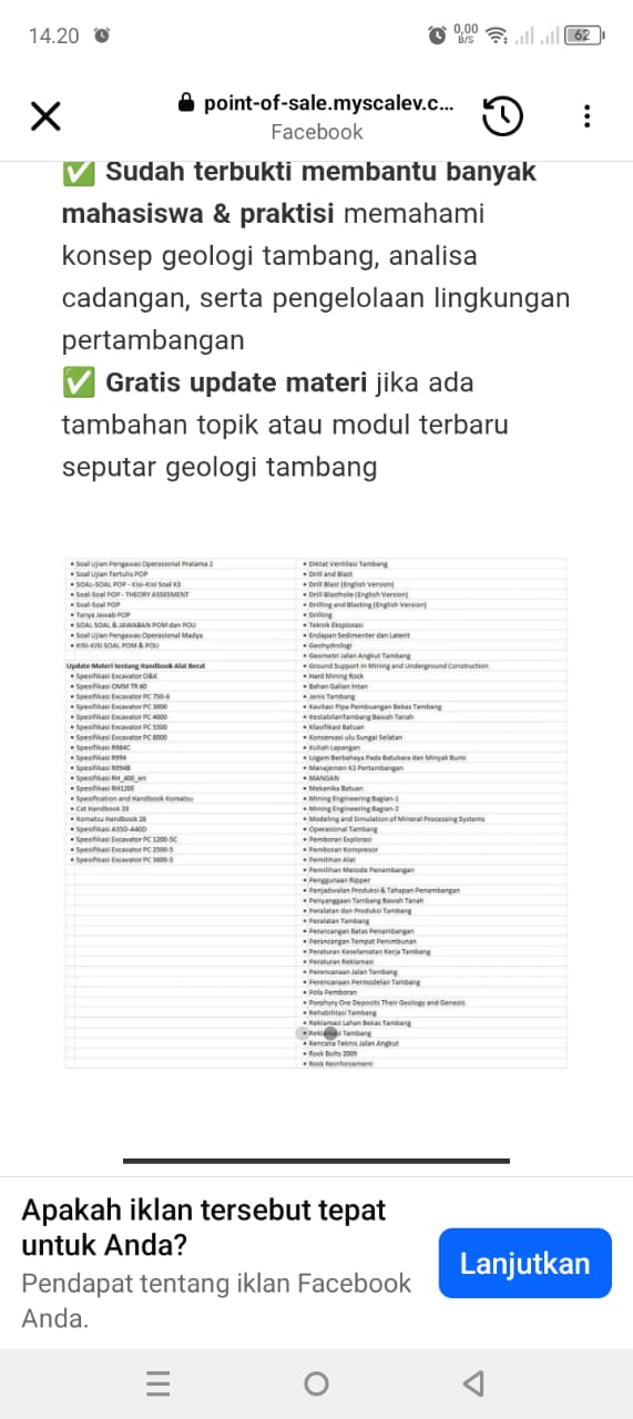 Isi Website Iklan Modul Kuliah Geologi Tambang di FB-1