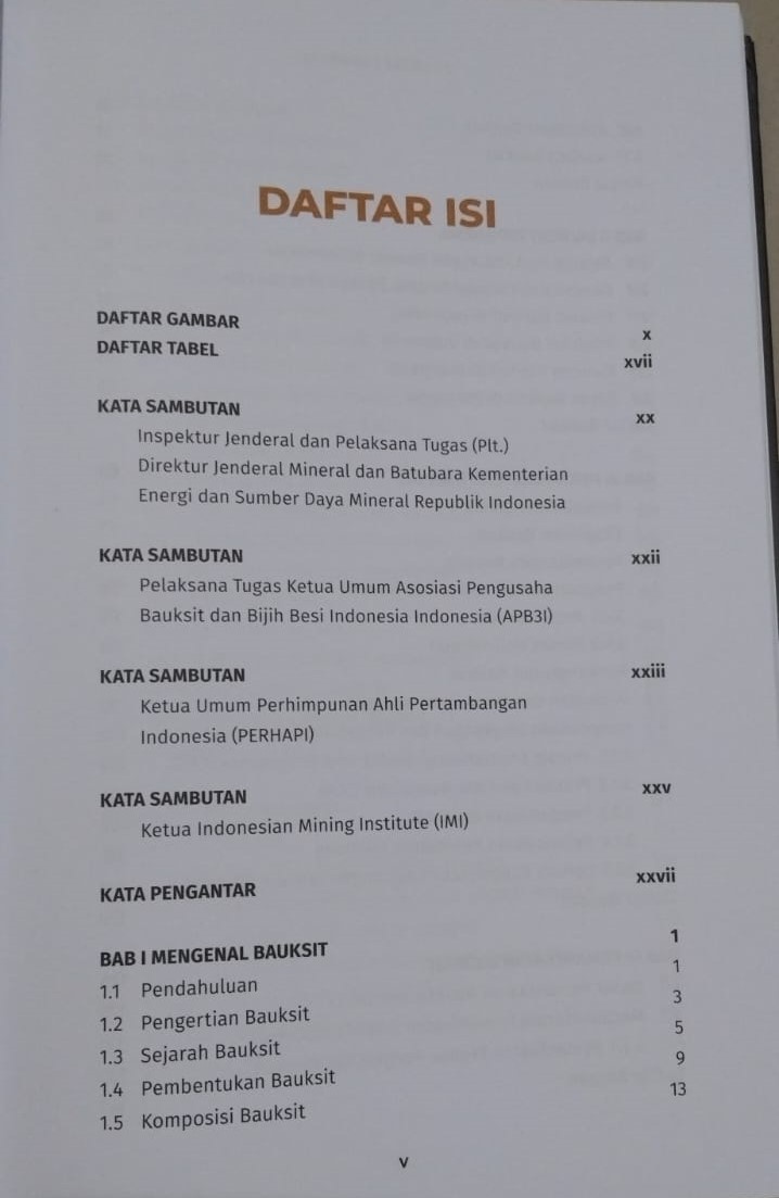Daftar Isi-1 Buku Bauksit Indonesia Prof. Dr. Ir. Irwandy Arif, M.Sc Penerbit Gramedia Pustaka Utama