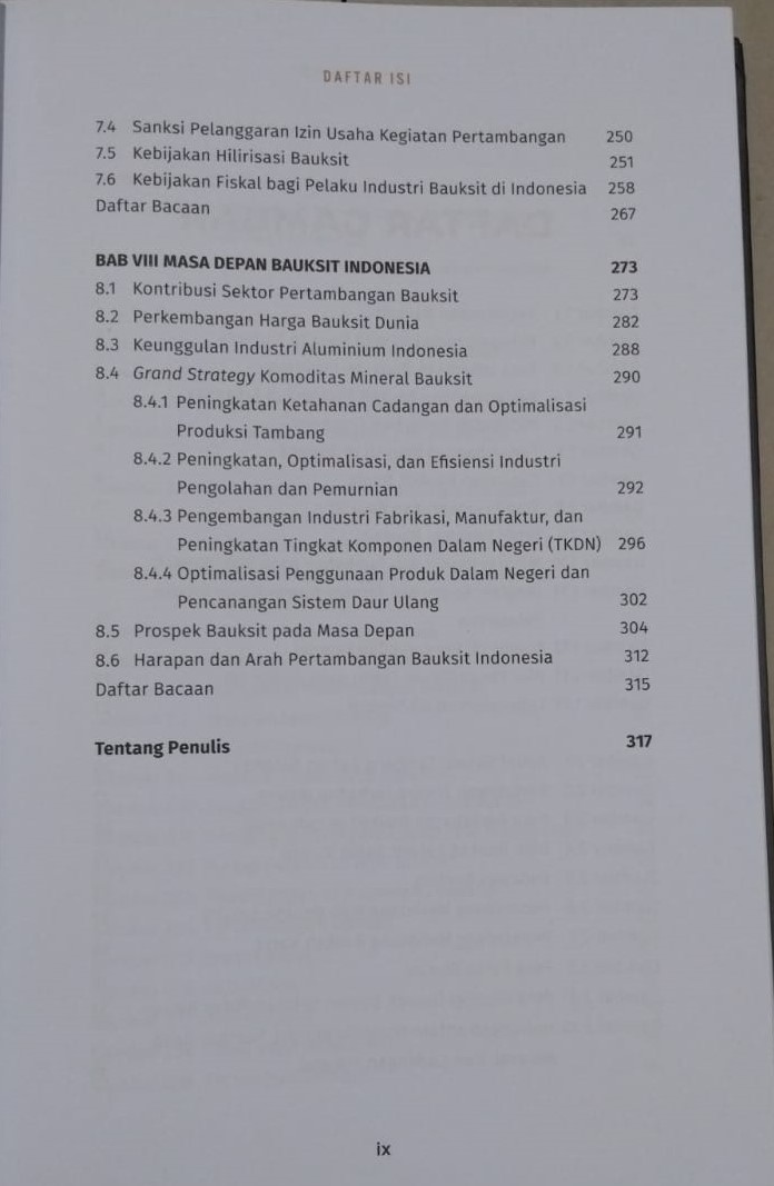 Daftar Isi-5 Buku Bauksit Indonesia Prof. Dr. Ir. Irwandy Arif, M.Sc Penerbit Gramedia Pustaka Utama