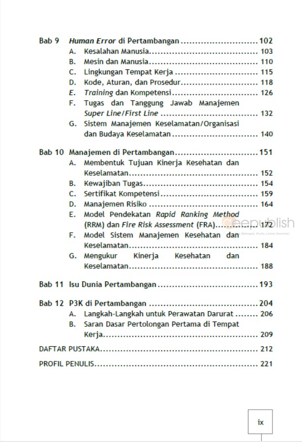 Daftar Isi Buku K3 Pertambangan, Kajian Keselamatan dan Kesehatan Kerja Sektor Pertambangan Deepublish