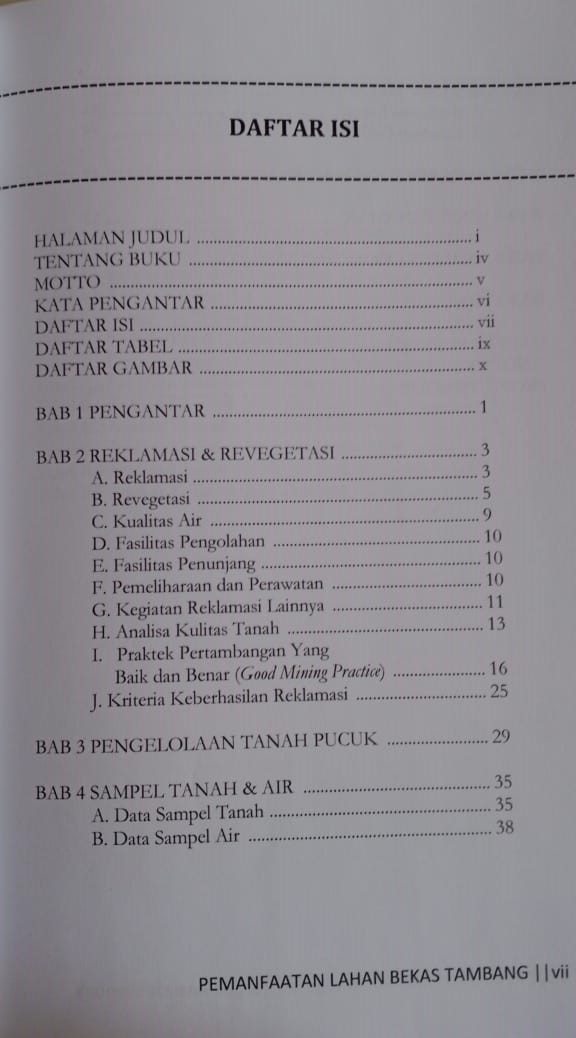 Daftar Isi Pemanfaatan Lahan Bekas Tambang - Yustina Hong Lawing S.T., M.Si. Amerta Media - Buku Rehabilitasi Lahan Bekas Tambang