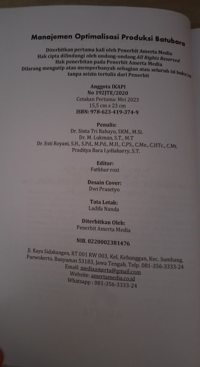 Cover Buku Manajemen Optimalisasi Produksi Batubara – Penerbit Amerta Media