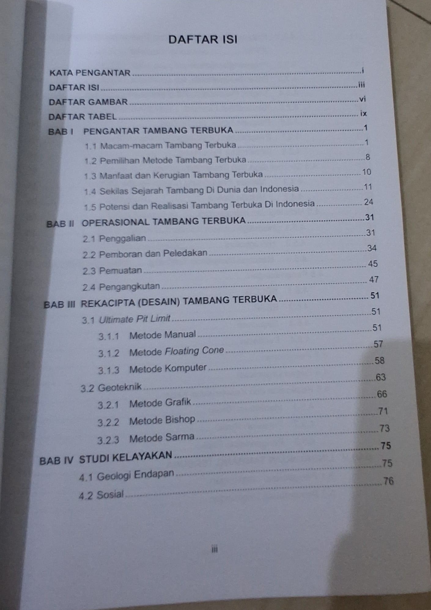 Daftar Isi-1 Buku Tambang Terbuka Dr.Eng.Ir. M. Rahman Ardhiansyah, ST.MT, IPM - Unisba Press
